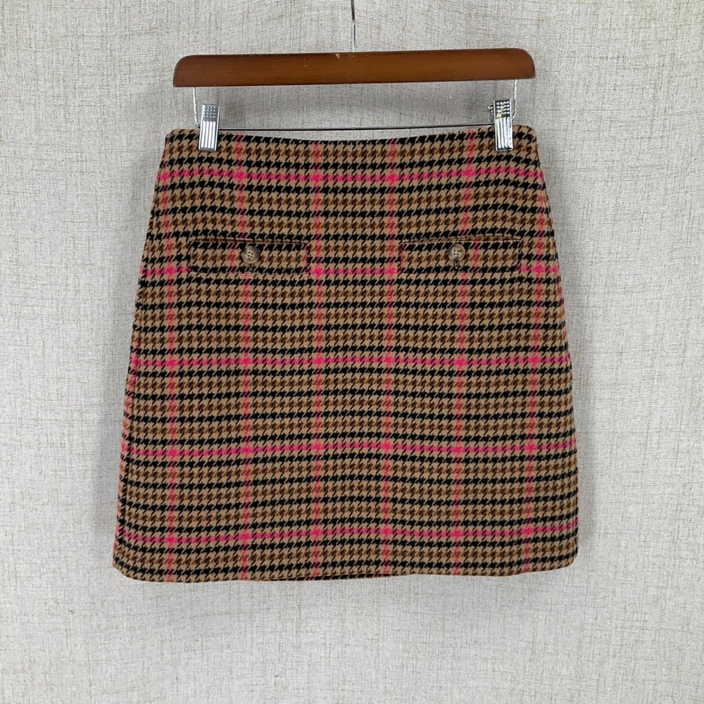 Loft Mini Skirt Womens 2 Tan Wool Blend Houndstooth Plaid Classic Preppy NEW